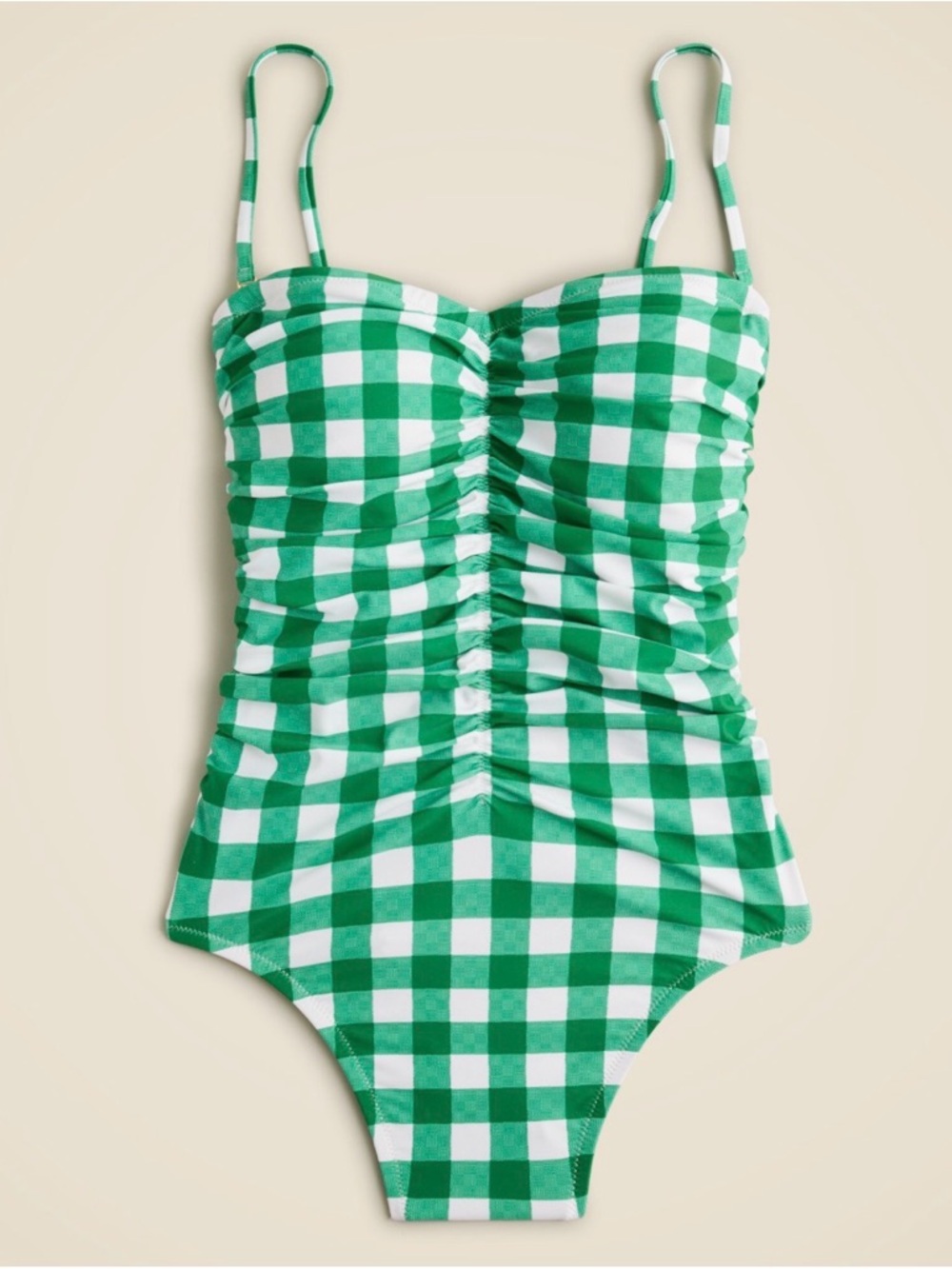 J Crew Ruched sweetheart one-piece swimsuit in green gingham